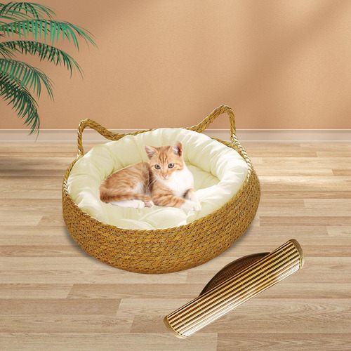 Cesta Para Cama Para Gatos, Rascador Almohada Blanca 43x14cm