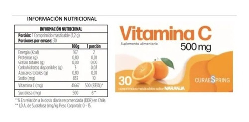 Vitamina C - 30 Comprimidos Masticables - 500mg Suplemento