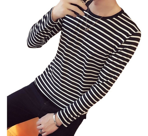 Playera De Manga Larga A Rayas Para Hombre, Playera Casual