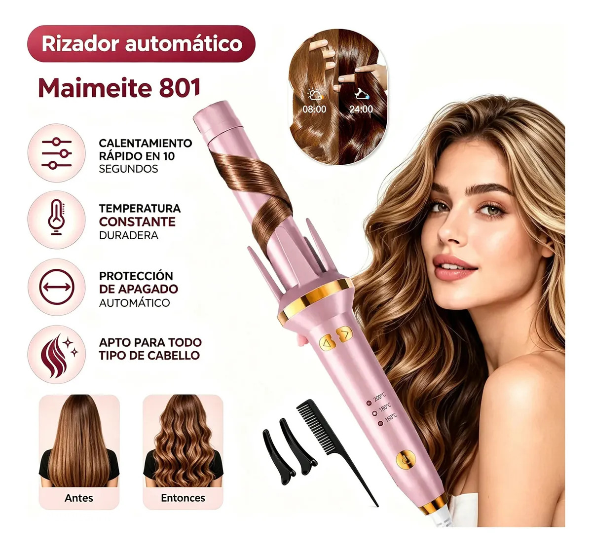 MAIMEITE 801, peinador automático de calor rápido rosa, 25 mm, fabricado en cerámica, con temperatura ajustable y protección contra cortes de energía, adecuado para todo tipo de te