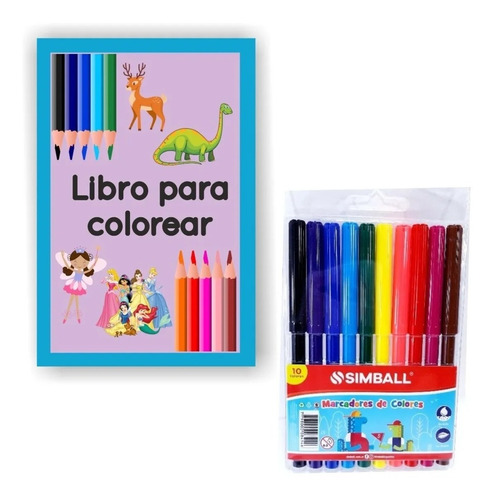 Kit Set Libro Colorear Dibujos Marcador Color Fibras