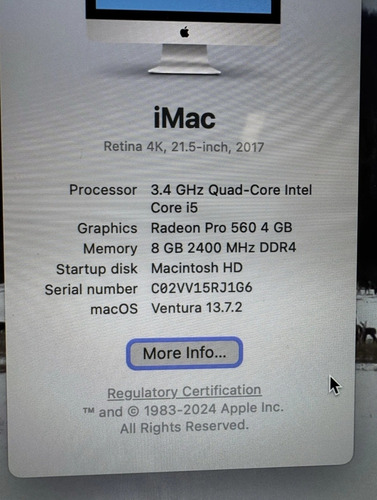 Apple Imac Mne02ll/a 21,5 Pol. Tela Retina 4 K - Intel Core Cinza (Usado)