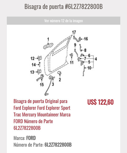 Bisagra De Puerta Ford Explorer Sport Trac 6l2z7822800b