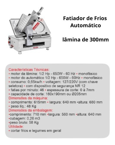 Cortador De Frios Automático Lâmina 300 Mm Em Inox