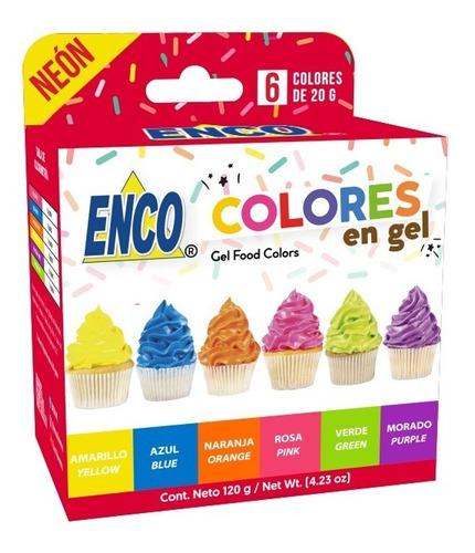 Kit 6 Colores Neón En Gel 20gr Enco Reposteria Fondant