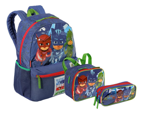 Mochila De Costas M Lancheira Estojo Pj Masks Cor Azul