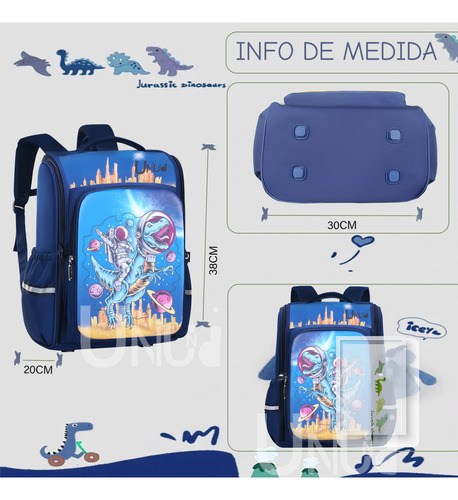 Mochila Escolar Primaria Preescolar Jardin Kinder Para Niños Dinosaurio Impermeable Bonita Espaciosa Y Resistente Viaje Uniuni Color Azul UN-22