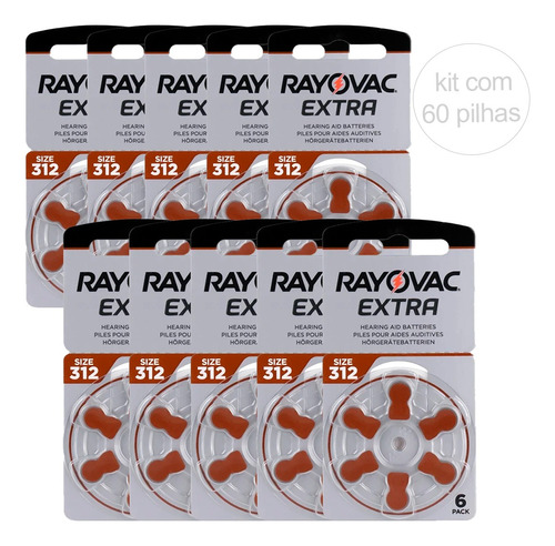 Pilha Auditiva Rayovac 312 - 10 Cartelas (60 Baterias)