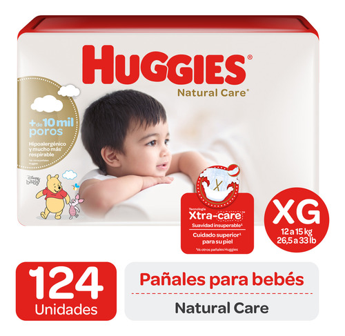 Pañales Huggies Natural Care - Paq 124 un Talla XG