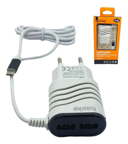 Carregador Celular Basike Rapido V8 3.1a +2usb Atacado Cor Branco