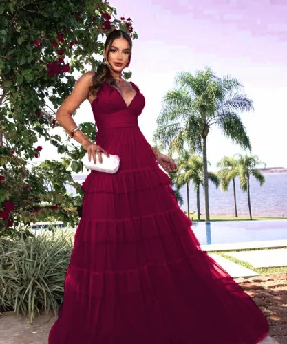 Vestido Longo Tule Com Babados Formatura madrinhas casamento