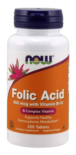Acido Fólico 800 Mcg Con Vitamina B12 Now 250 Tabletas