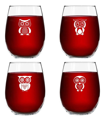 Bonito Juego De 4 Copas De Vino De Búho  Copas De Vino...