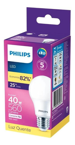 Lâmpada Led Bulbo Philips 7w 560lm Bivolt 3000k Luz Amarelo Cor da luz Branco-quente 110V/220V