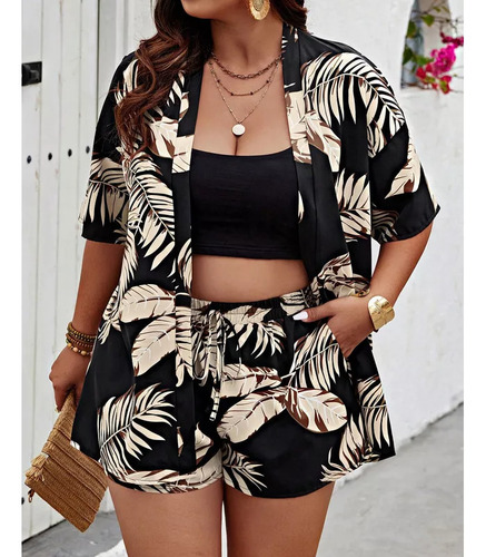 Conjunto De Blusa Y Pantalones Cortos Con Estampado Tropical