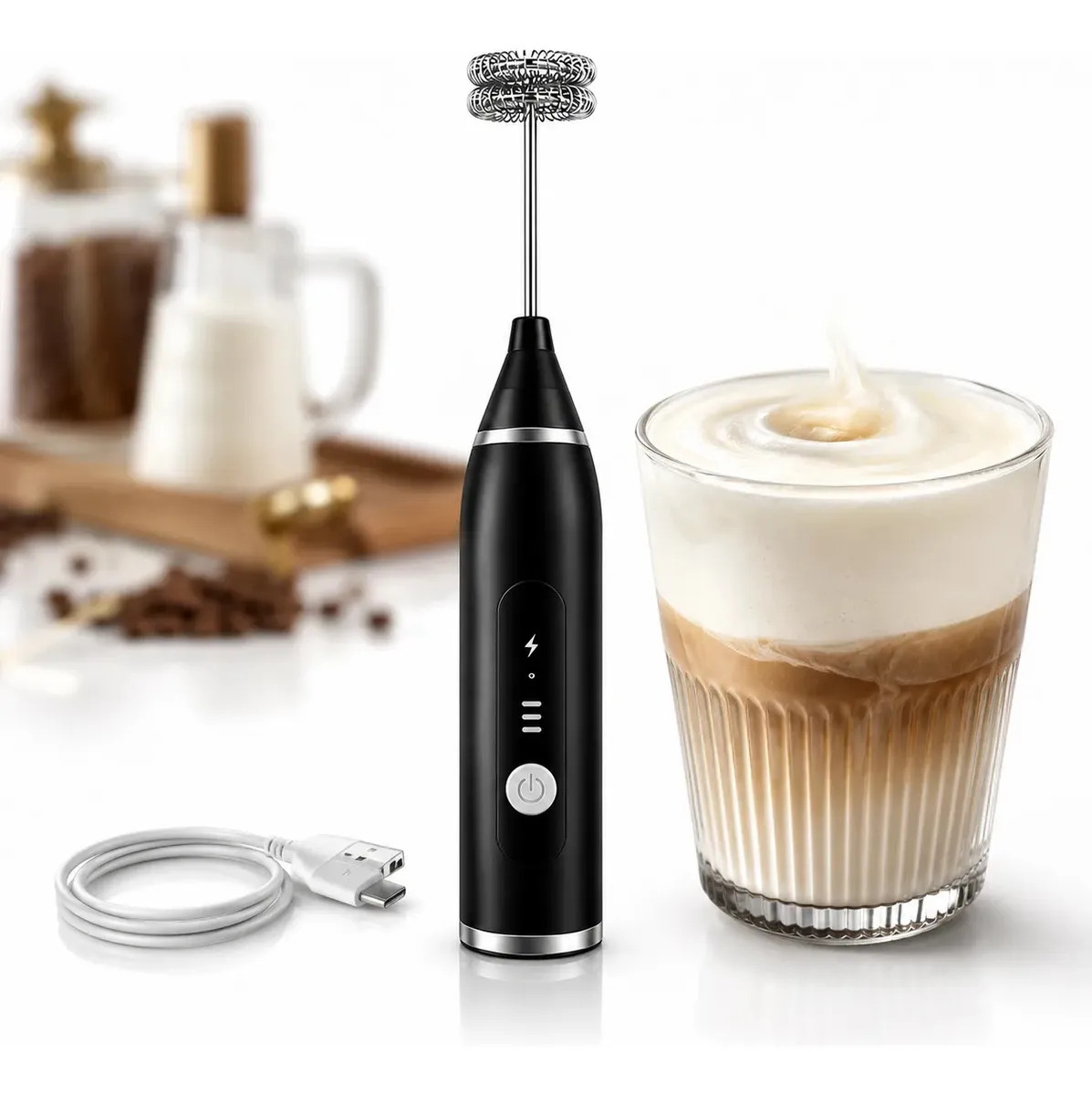 Mini Mixer Elétrico Portátil Recarregável USB, com 3 Velocidades e Batedor Duplo para Café e Leite
