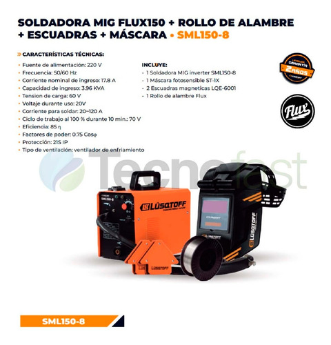 Soldadora Inverter Mig Flux Sml150 + Mascara + Escuadras