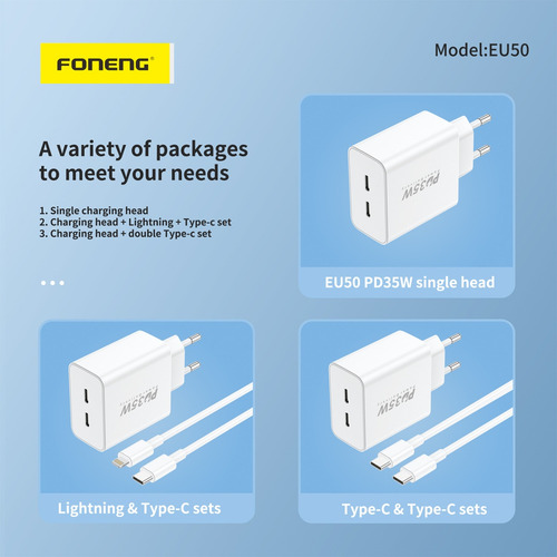 Cargador Ficha Foneng Eu50 35w 2 Puertos Usb C Fast Charge