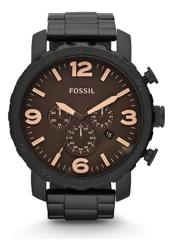 Relógio de pulso Fossil Nate com corpo preto,  analógico, para masculino, fundo  marrom, com correia de aço inoxidável cor preto, agulhas cor marrom-claro e marrom, subdials de cor marrom-claro, subesferas cor marrom, ponteiro de minutos/segundos marrom-claro, bisel cor preto e dobrável