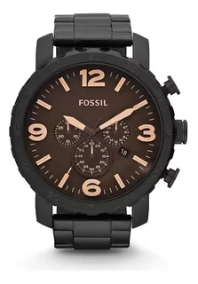 Reloj pulsera Fossil Nate de cuerpo color negro, analógico, para hombre, fondo marrón, con correa de acero inoxidable color negro, agujas color marrón claro y marrón, dial marrón claro, subesferas col