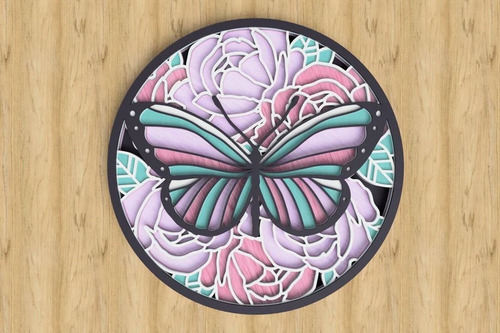 Cuadro Decorativo Mariposa Floral Pintada Multicapa Madera