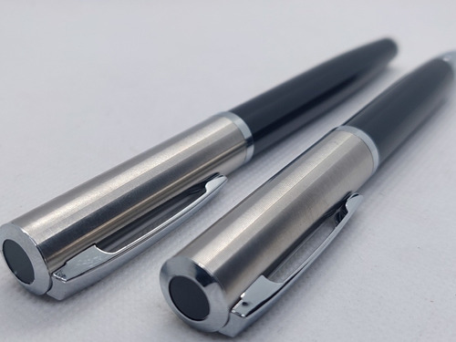 Set De Bolígrafos Negros/plata Acero Personalizado Con Laser