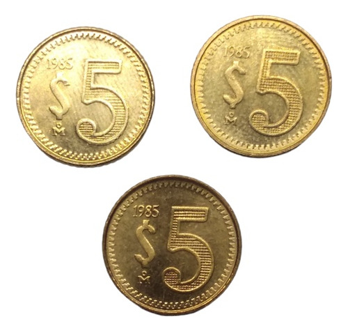 Monedas De 5 Pesos 3 Piezas Nuevas En Bronce Año 1985
