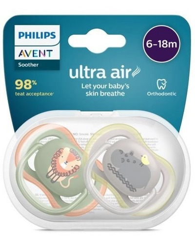 2 Chupetas Philips Avent Ultra Air 6-18m Menino Leao / Hipo