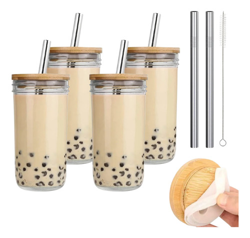 Vasos De Vidrio 4 Pack Tapa De Bambú Tapioca Popote 650 Ml