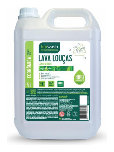 Kit 2 Detergente Lava Louças Capim Limão Biowash 5l