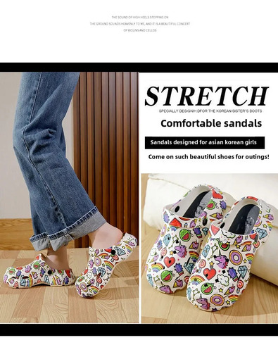 Zapatillas Con Agujero Para Mujer Cartoon Doodle, Estilo Cor