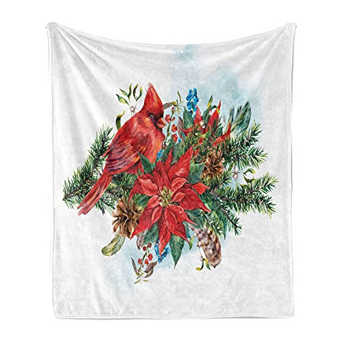 Cardinal Throw Blanket, Christmas Themed Bird On Floral...