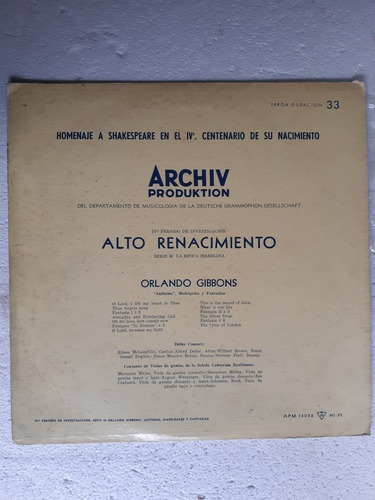 Disco Lp Alto Renacimiento / Orlando Gibbons / Archiv 