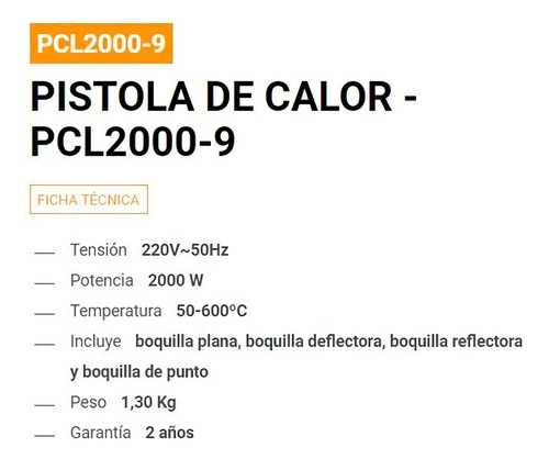 Pistola De Calor 2000 W 50°/600° Accesorios Lusqtoff Pcl2000 Naranja