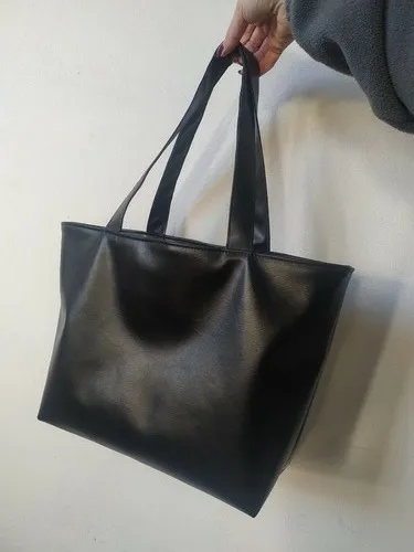 Cartera Bolso Tote Bag De Cuero Ecológico Boton Mujer Negro