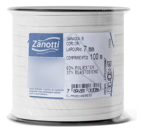Elástico Chato Branco 7mm Reforçado Zanotti-100 Metros