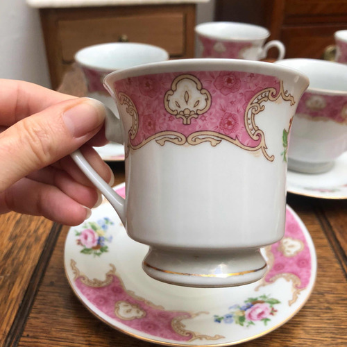 Juego 5 Tazas Dúos De Té Porcelana Oriental Blanca Y Rosa