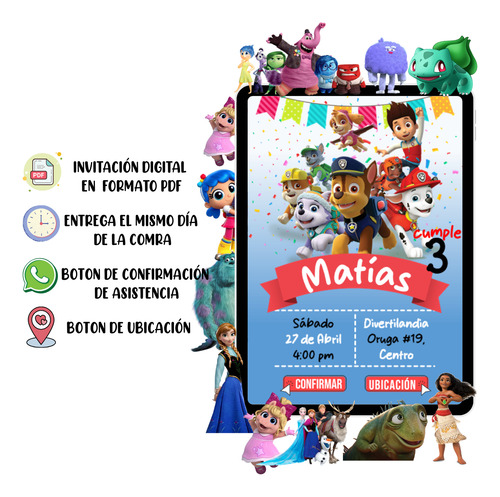 Invitación Digital Infantil Pdf Botón Confirmación Ubicación Paw Patrol Niño