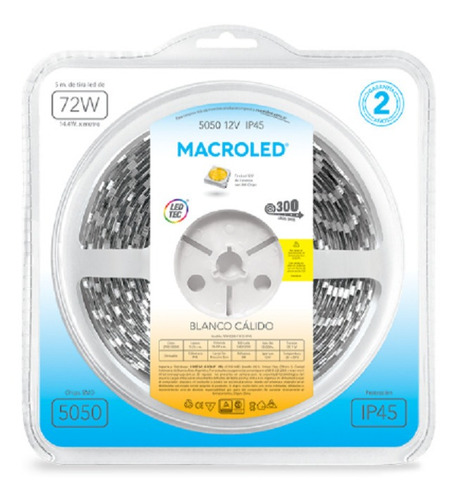 Imagen 1 de 5 de Tira Led Cinta 5050 Ip45 5 Mts 72w Macroled Blanco Calido
