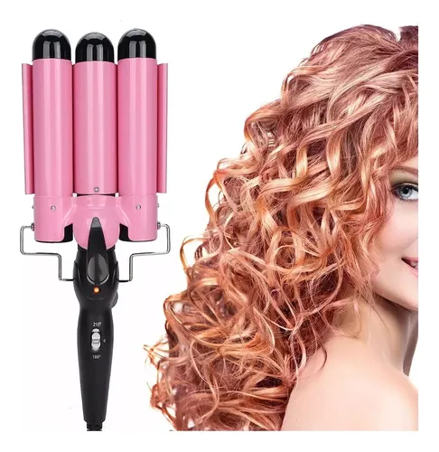 Buclera De Cabello Con 3 Barras De Cerámica Para Rizos Perfectos Color Rosa Rizos Suaves Y Definidos Alta Calidad