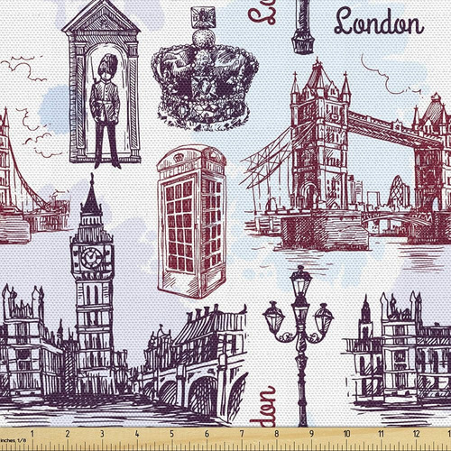 Ambesonne London Fabric By The Yard, Estilo De Dibujo A Mano