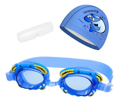 Kit Touca Óculos Natação Piscina Infantil Crianças Desenhos Cor Azul Caranguejo