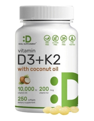 Vitami D3 10.000 Ui. Más K2 (mk7) C/ Ac.de Coco. 250 Caps. 