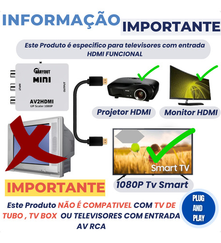 Conversor Entrada Av Rca Para Saída Hdmi Miniadaptador 1080p Compatível Com Tv Entrada Hdmi Transformador Hdmi Universe Varyout + Cabo Hdmi Brinde