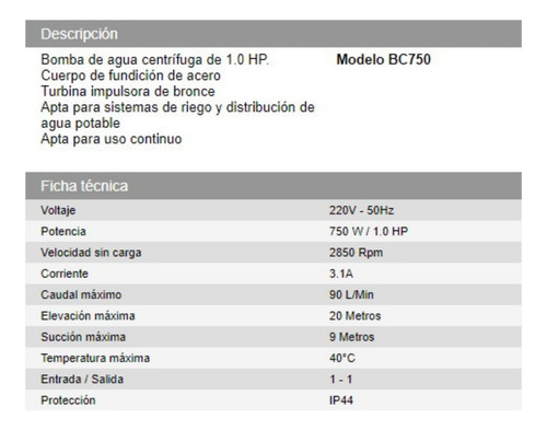 Bomba De Agua Centrifuga 1hp 750w 20mts 220v Daihatsu Bc750