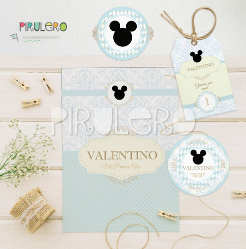 Kit Imprimible Mickey Mouse Silueta, Celeste Y Dorado