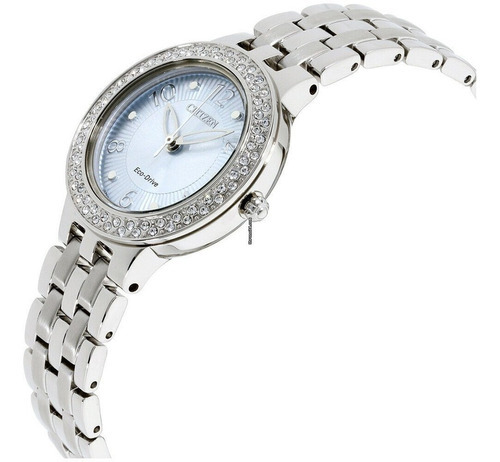 Reloj pulsera Citizen FE2080-56L con correa de acero inoxidable color plateado - fondo azul claro