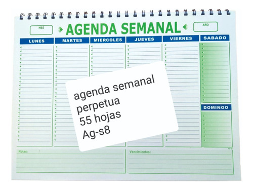 Agenda Semanal  Perpetua X 55 Hojas Con Espiral Planificador