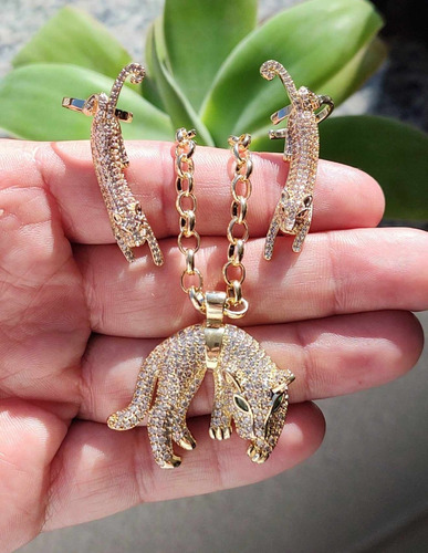 Conjunto Brinco Colar Leopardo Pantera Onça Semijóia Ouro