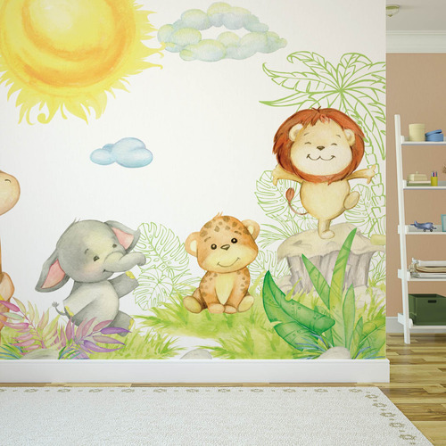 Papel De Parede Painel Infantil Animais Safari 4 Rolos 6m²